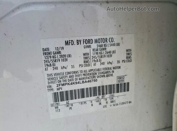 2FMPK4K94LBA46750 2020 FORD EDGE White Widok naklejki z numerem VIN