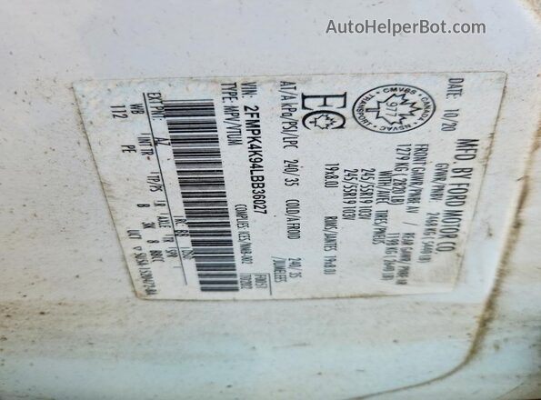 2FMPK4K94LBB36027 2020 FORD EDGE White Widok wnętrza 360 stopni