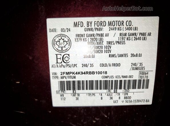 2FMPK4K94RBB10018 2024 FORD EDGE Бордовый Вид наклейки с VIN-кодом
