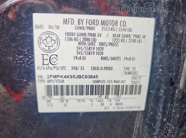 2FMPK4K95JBC03845 2018 FORD EDGE Черный Вид подкапотного пространства