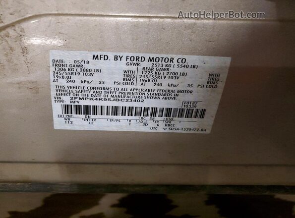 2FMPK4K95JBC23402 2018 FORD EDGE Tan Vista de la etiqueta del VIN