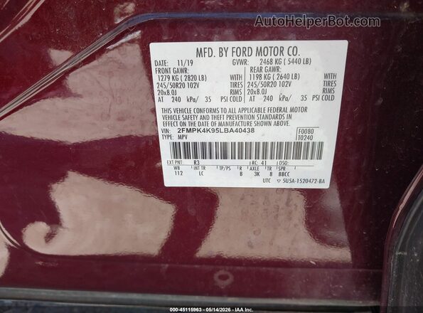 2FMPK4K95LBA40438 2020 FORD EDGE Burgundy Engine compartment view