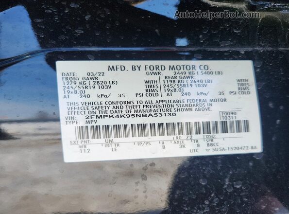 2FMPK4K95NBA53130 2022 FORD EDGE Black Вид наклейки з VIN-кодом