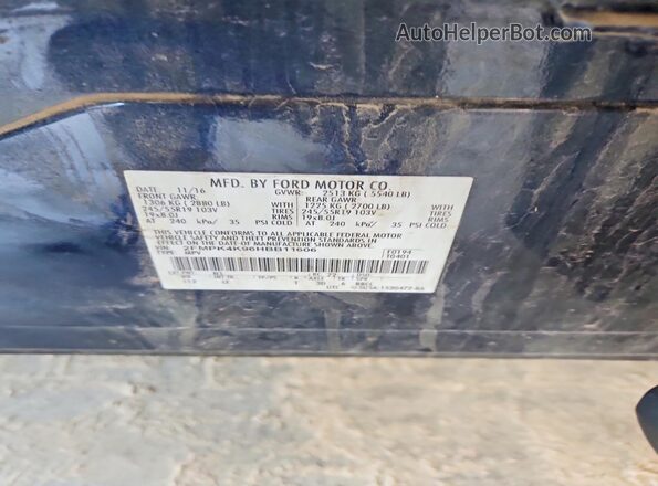 2FMPK4K96HBB11606 2017 FORD EDGE Blue VIN კოდის სტიკერის ხედი