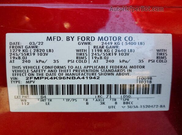 2FMPK4K96NBA41942 2022 FORD EDGE Red Widok wnętrza 360 stopni