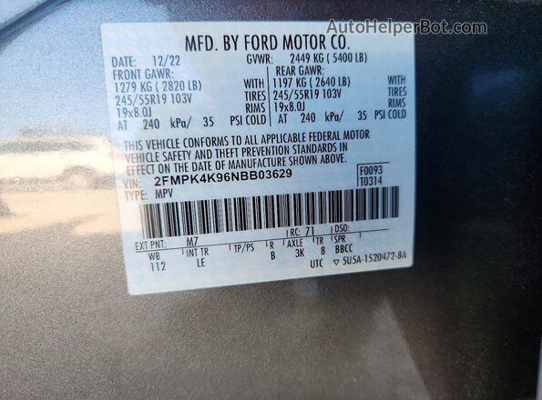 2FMPK4K96NBB03629 2022 FORD EDGE Gray Շարժիչի բաժամունքի տեսք