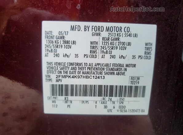 2FMPK4K97HBC12413 2017 FORD EDGE Maroon Widok naklejki z numerem VIN