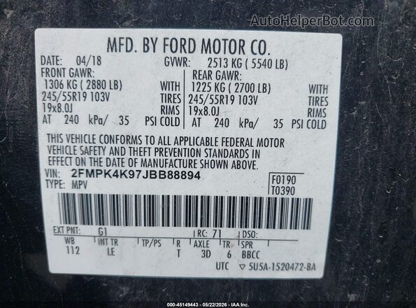 2FMPK4K97JBB88894 2018 FORD EDGE Black Vista del compartimento del motor