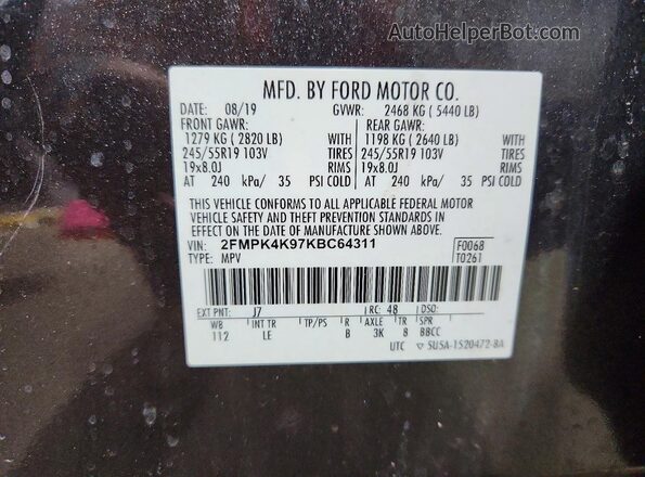 2FMPK4K97KBC64311 2019 FORD EDGE Gray Widok wnętrza 360 stopni