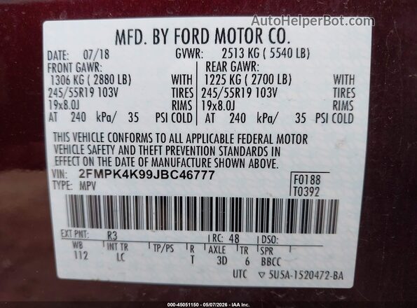 2FMPK4K99JBC46777 2018 FORD EDGE Burgundy Շարժիչի բաժամունքի տեսք