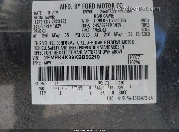 2FMPK4K99KBB56210 2019 FORD EDGE Серый Вид подкапотного пространства