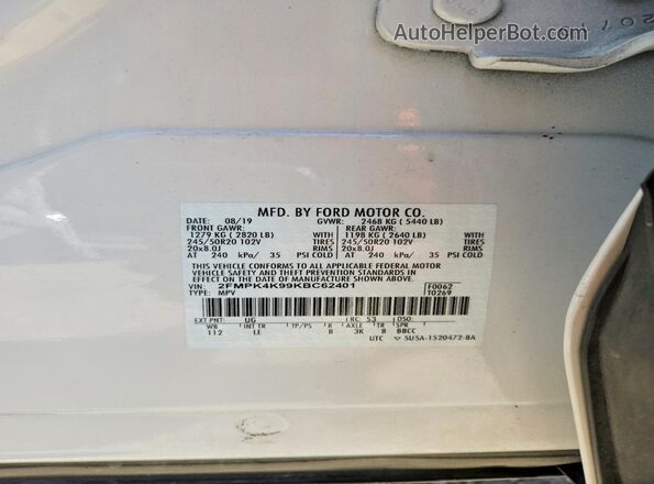 2FMPK4K99KBC62401 2019 FORD EDGE White Vista del compartimento del motor