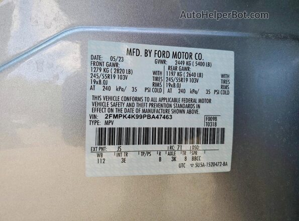 2FMPK4K99PBA47463 2023 FORD EDGE Серебряный Вид наклейки с VIN-кодом