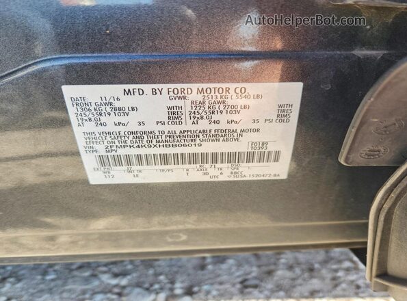 2FMPK4K9XHBB06019 2017 FORD EDGE Charcoal Вид наклейки з VIN-кодом