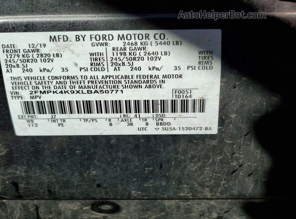 2FMPK4K9XLBA50771 2020 FORD EDGE Угольный Вид наклейки с VIN-кодом