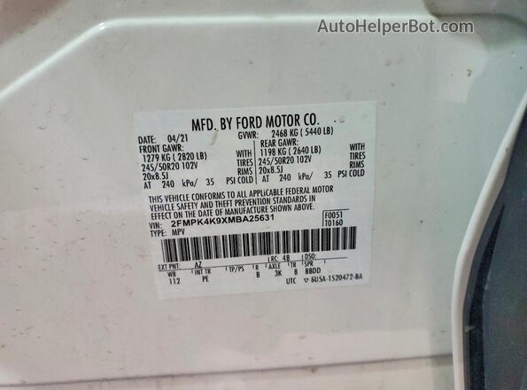 2FMPK4K9XMBA25631 2021 FORD EDGE White VIN sticker view