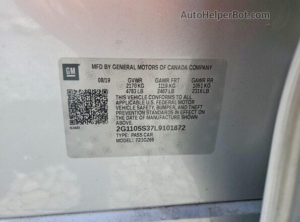 2G1105S37L9101872 2020 CHEVROLET IMPALA Серебряный Вид наклейки с VIN-кодом