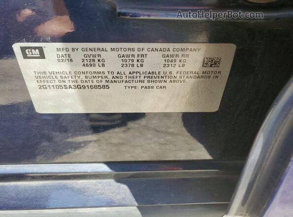 2G1105SA3G9168585 2016 CHEVROLET IMPALA Синий Вид подкапотного пространства