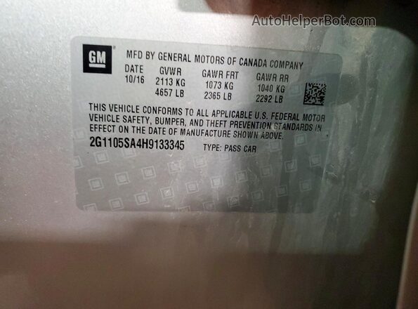 2G1105SA4H9133345 2017 CHEVROLET IMPALA Серебряный Вид наклейки с VIN-кодом
