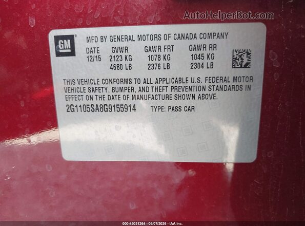 2G1105SA8G9155914 2016 CHEVROLET IMPALA Красный Вид подкапотного пространства