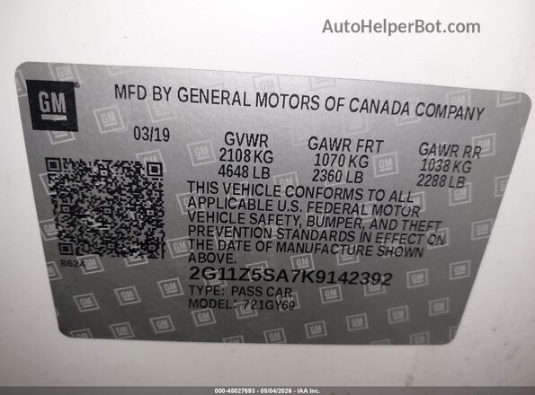 2G11Z5SA7K9142392 2019 CHEVROLET IMPALA Белый Вид подкапотного пространства