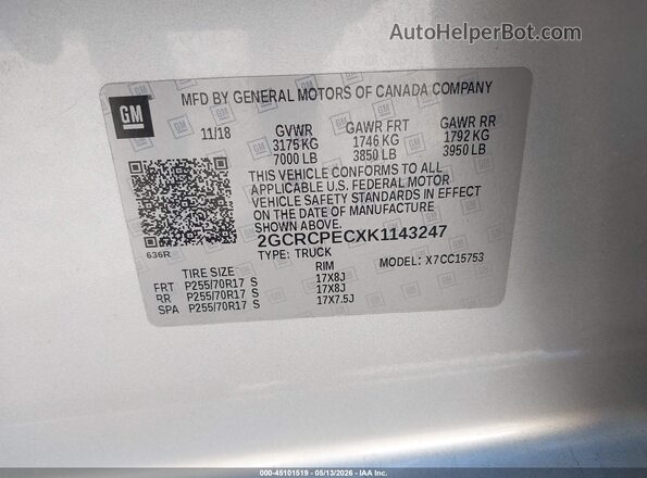2GCRCPECXK1143247 2019 CHEVROLET SILVERADO Silver ძრავის განყოფილების ხედი