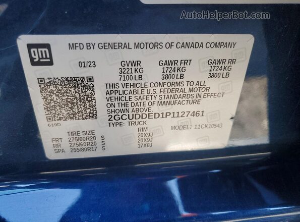2GCUDDED1P1127461 2023 CHEVROLET SILVERADO Blue VIN კოდის სტიკერის ხედი