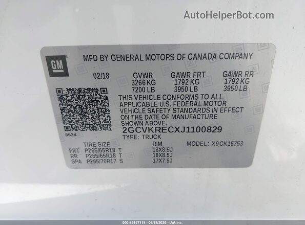2GCVKRECXJ1100829 2018 CHEVROLET SILVERADO White Շարժիչի բաժամունքի տեսք