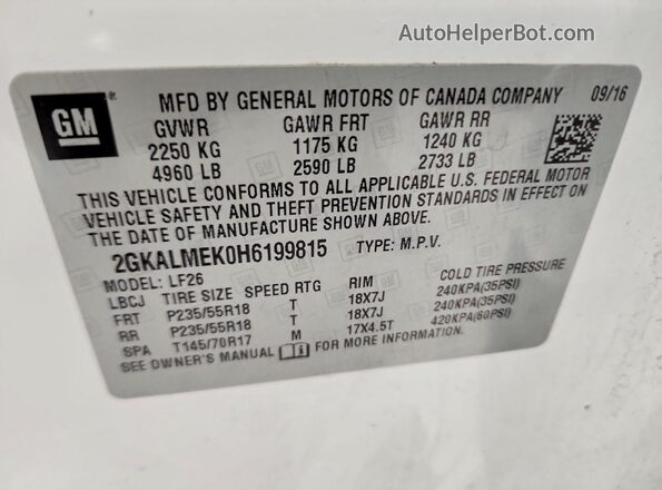 2GKALMEK0H6199815 2017 GMC TERRAIN White Widok naklejki z numerem VIN