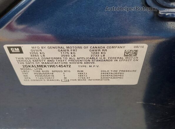 2GKALMEK1H6145472 2017 GMC TERRAIN Синий Вид наклейки с VIN-кодом