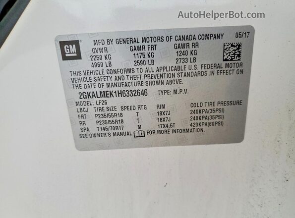 2GKALMEK1H6332646 2017 GMC TERRAIN Белый Вид наклейки с VIN-кодом