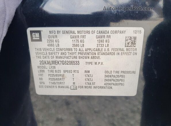 2GKALMEK7G6206533 2016 GMC TERRAIN Black Вид наклейки з VIN-кодом
