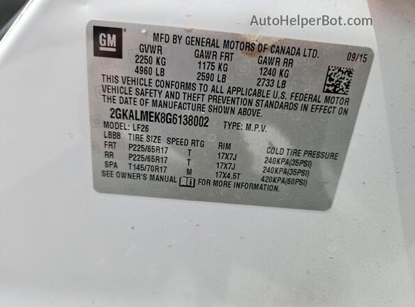 2GKALMEK8G6138002 2016 GMC TERRAIN White Widok wnętrza 360 stopni