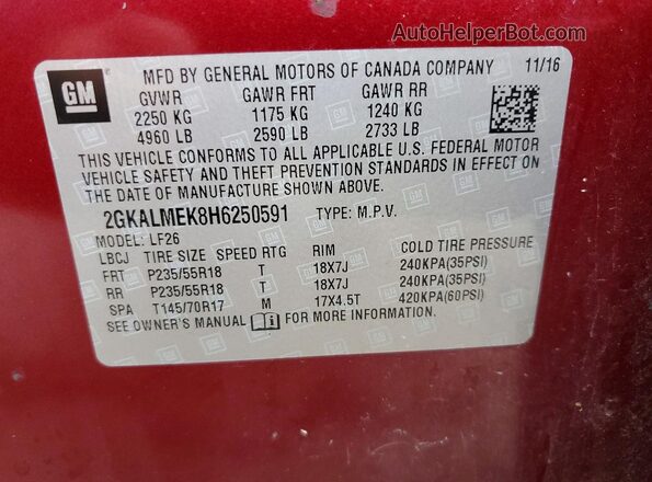 2GKALMEK8H6250591 2017 GMC TERRAIN Burgundy Widok naklejki z numerem VIN