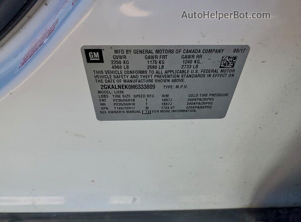 2GKALNEK0H6333809 2017 GMC TERRAIN Белый Вид наклейки с VIN-кодом