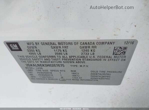 2GKALNEK3H6267675 2017 GMC TERRAIN Белый Вид подкапотного пространства