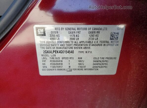 2GKALPEK4G6154540 2016 GMC TERRAIN Красный Панорамный вид салона 360°