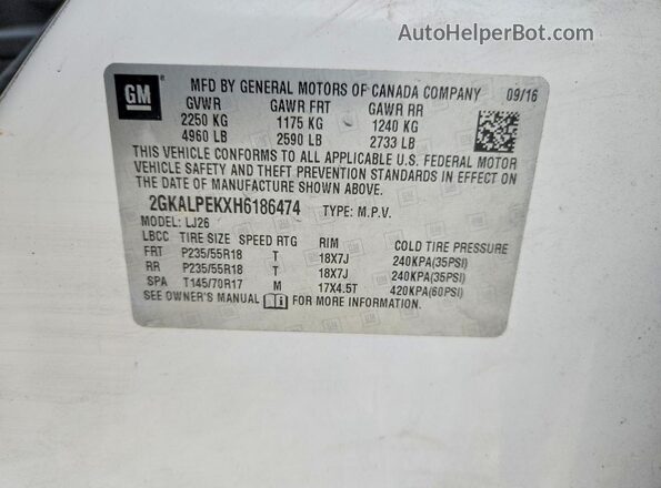 2GKALPEKXH6186474 2017 GMC TERRAIN White Widok wnętrza 360 stopni