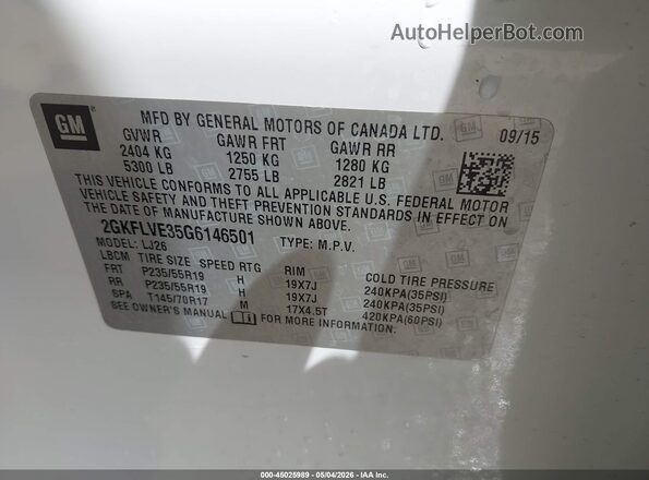 2GKFLVE35G6146501 2016 GMC TERRAIN Белый Вид подкапотного пространства