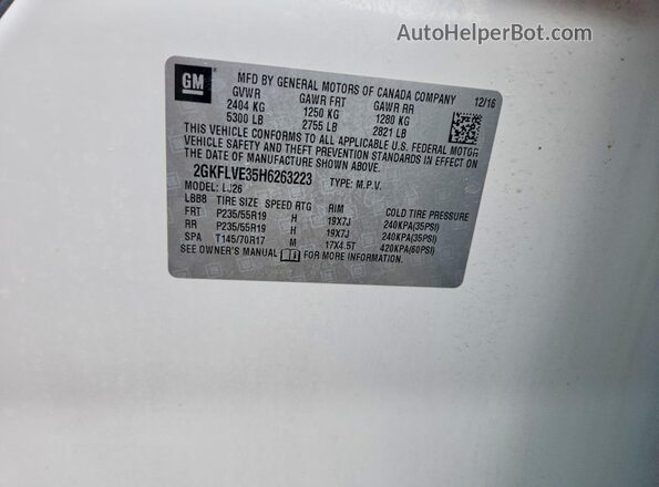 2GKFLVE35H6263223 2017 GMC TERRAIN White Widok komory silnika