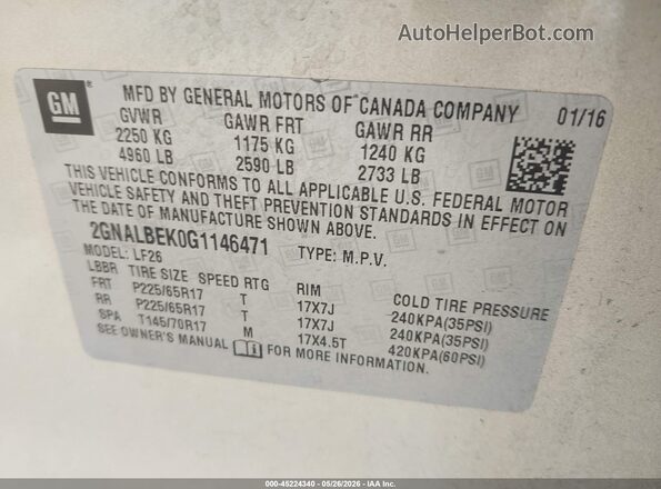 2GNALBEK0G1146471 2016 CHEVROLET EQUINOX Бежевый Вид подкапотного пространства