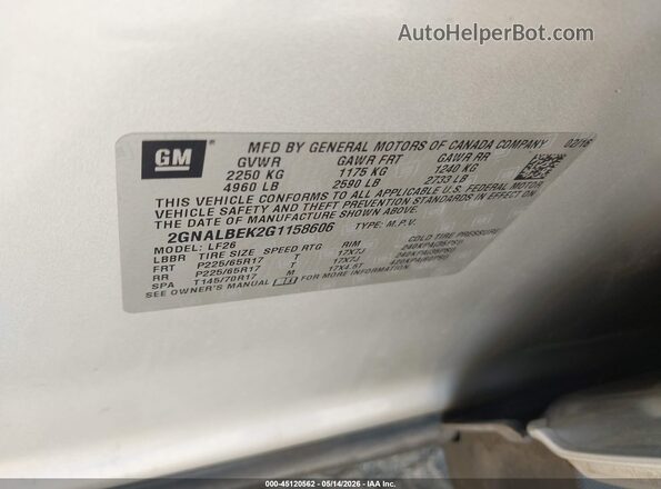 2GNALBEK2G1158606 2016 CHEVROLET EQUINOX Серебряный Вид подкапотного пространства