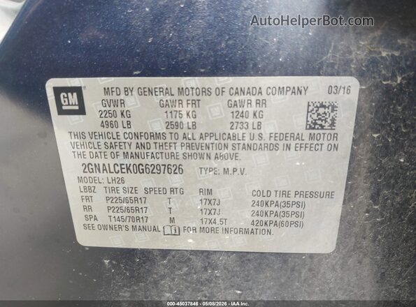 2GNALCEK0G6297626 2016 CHEVROLET EQUINOX Синий Вид подкапотного пространства