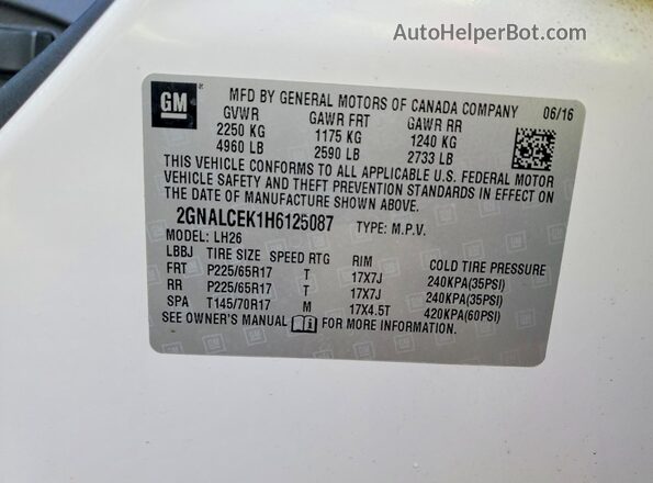 2GNALCEK1H6125087 2017 CHEVROLET EQUINOX White Widok naklejki z numerem VIN