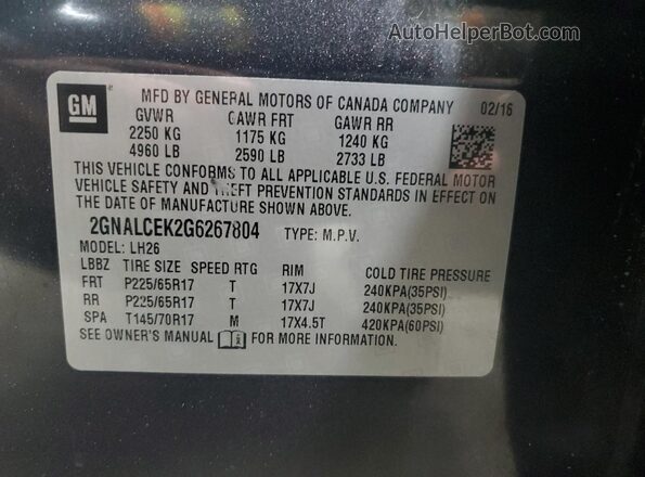 2GNALCEK2G6267804 2016 CHEVROLET EQUINOX Gray Widok naklejki z numerem VIN