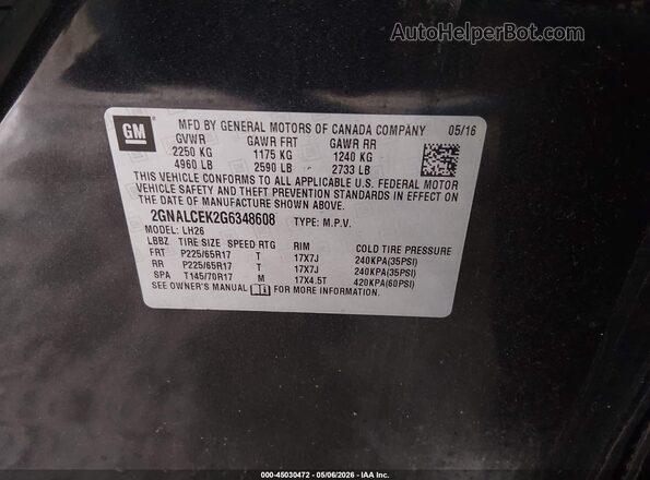 2GNALCEK2G6348608 2016 CHEVROLET EQUINOX Gray Vista del compartimento del motor