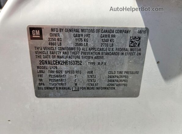 2GNALCEK2H6163752 2017 CHEVROLET EQUINOX Белый Панорамный вид салона 360°