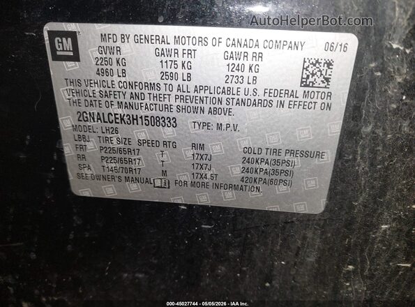 2GNALCEK3H1508333 2017 CHEVROLET EQUINOX Черный Вид подкапотного пространства