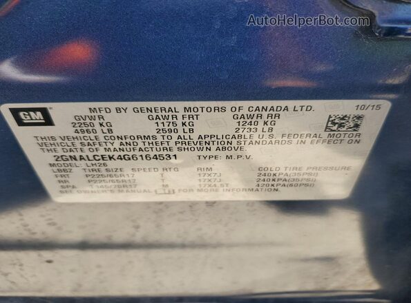 2GNALCEK4G6164531 2016 CHEVROLET EQUINOX Синий Панорамный вид салона 360°