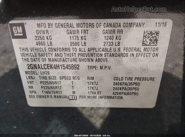 2GNALCEK4H1545892 2017 CHEVROLET EQUINOX Gray ძრავის განყოფილების ხედი